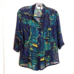 Chico's Blue & Green Abstract Print Sheer Silk Shirt
